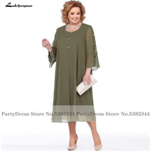 Lakshmigown Plus Size Mother of The Bride Dresses Tea Length 2020 Vestidos de Fiesta Army Green Chiffon Long Elegant Party Gowns