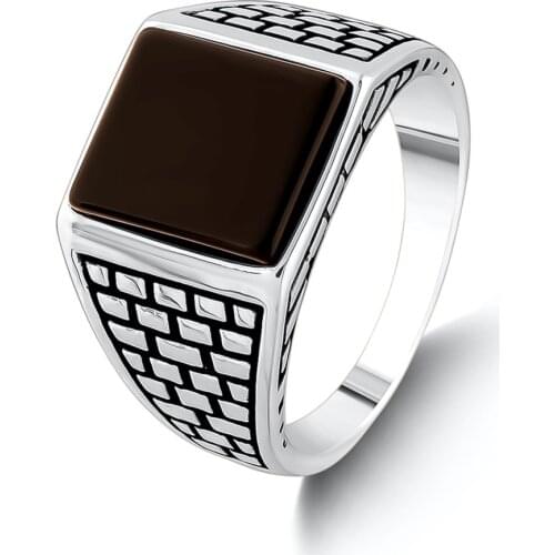 Brick Model Silver Men Rectangle Black Onyx Gemstone Ring Solid 925 Sterling Silver