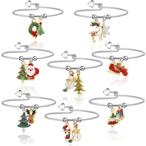 Fashion Women Enamel Santa Claus Elk Snowman Tassel Christmas Open Bangle Simple Small Heart Bangle Bracelet New Year
