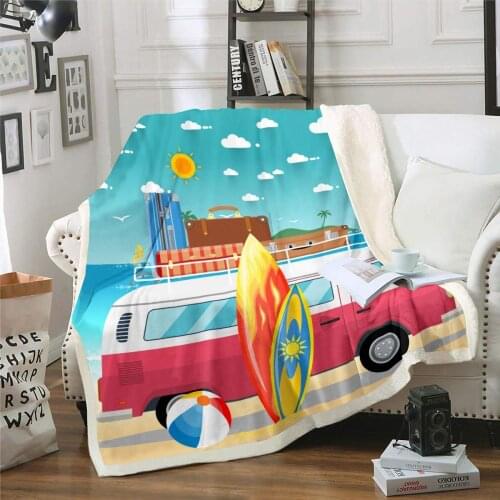 Cartoon Car Sherpa Blanket 3D Skateboard Volleyball Fleece Throw Blanket for Kids Boys Girls Hawaii Beach Theme Plush Blanket