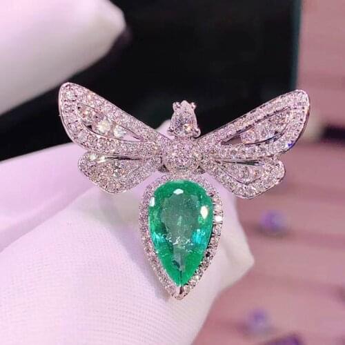New Ladies 925 Sterling Silver Female Ring Water Drop Emerald Butterfly Shape Fashion Ladies Ring Exquisite Jewelry Wedding Gift