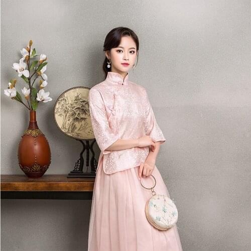 2pcs/set autumn Sping A-line Buckle Collar slim Vintage Embroidery Half Sleeve Elegant Pink Bridesmaid Dresses party dresses