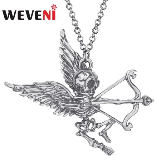 WEVENI Halloween Alloy Plated Antique Gold Skeleton Necklace Archery Skull Pendant Jewelry For Women Girl Novelty Gift Accessory