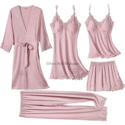 Lace Trim Pajamas Set Women Kimono Gown Pink 5PCS Sleepwear Spring Summer Robe Suit Female Loungewear Casual Pijamas Suit