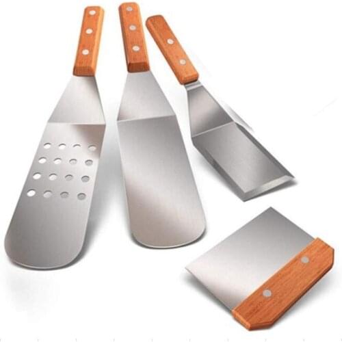 Practical Metal Spatula Set of 4, Stainless Steel Griddle Spatula Scraper Tools Set with Wooden Handle, Griddle Accessories Kit