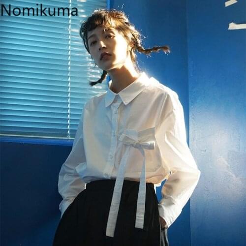 Nomikuma Korean Bow Tie Pocket Blouse Tops Sweet Long Sleeve Women Shirt 2021 Spring New Turn-down Collar Blusas Mujer 6F237