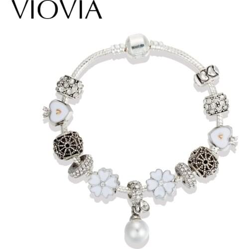 VIOVIA Vintage Pearl Charm Bracelets For Women Crystal Flower Beads Bracelets & Bangle DIY Jewelry Pulseira Feminina Gift B16165