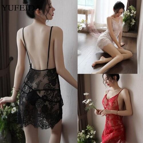 Women Sexy Pajamas+Thong G-string Sexy Lingerie See Through Lace Sleepwear Comforte Night Dress Sexy Sleeveless Nighty Lingerie