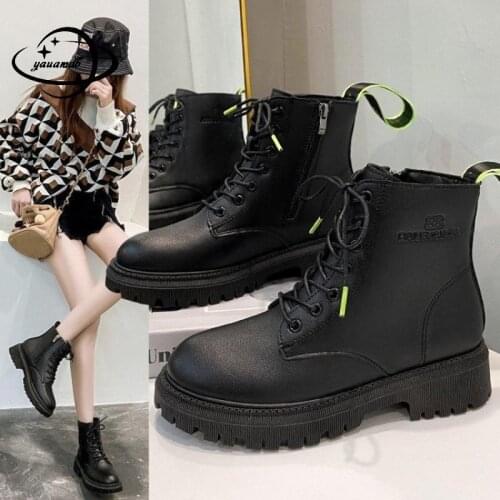 35-40 Womens Motorcycle Boots Winter Female 3.5cm Square Heel Round Toe Zipper Short Plush Platform Martens Ladies Shoes Hy37