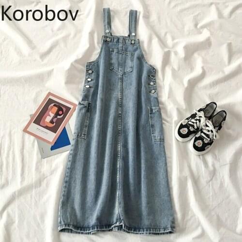 Korobov Preppy Style Women Spaghetti Strap Dress Japanese Korean Vintage Dresses 2020 New Chic Button Pockets Denim Vestidos
