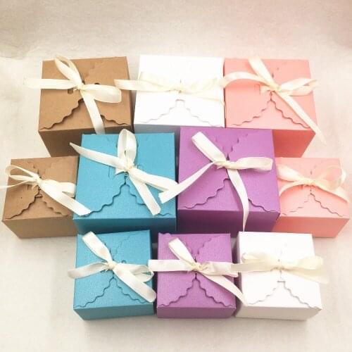 20pcs Kraft Paper Square Candy Box Rustic Wedding Favors Party Gift Boxes with Free Ribbon,DIY Handmade gift packing paper boxes