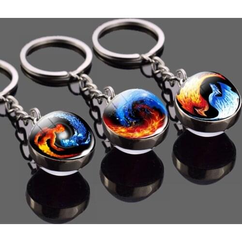 2021 Trendy Glass Cabochon Keychian Ice And Fire Photo Yin Yang Keychains Keyrings Bohemia Glass Ball Pendant Accessories