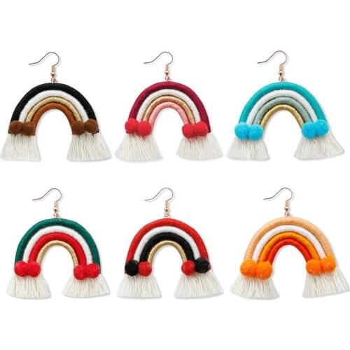 ALLNEWME Wonderful Handmade Cotton Thread Knit Dangle Earrings for Women Girls Colorful Rainbow Pendant Earrings Accessories