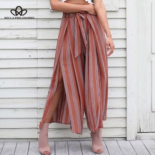 Bella Philosophy Spring Striped High Waist Pleated Women Wide Leg Pants Chiffon Split Ankle-Length Pants Casual Trousers