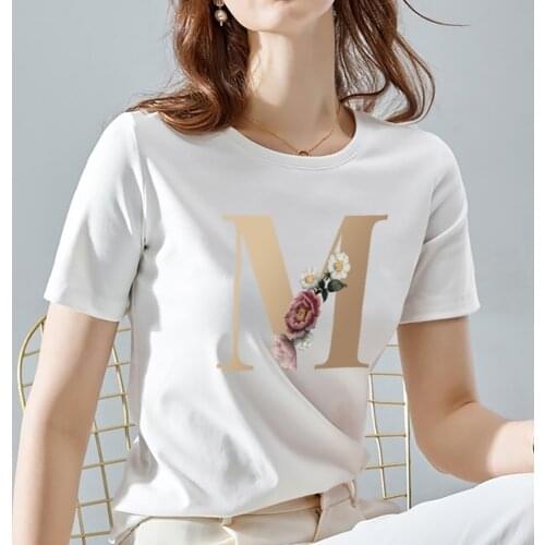 White Basis Women Tshirts Flower 26 Alphabet Font A B C D E F Lady Tops Tee Casual O-neck Harajuku Short Sleeve Womens Clothes