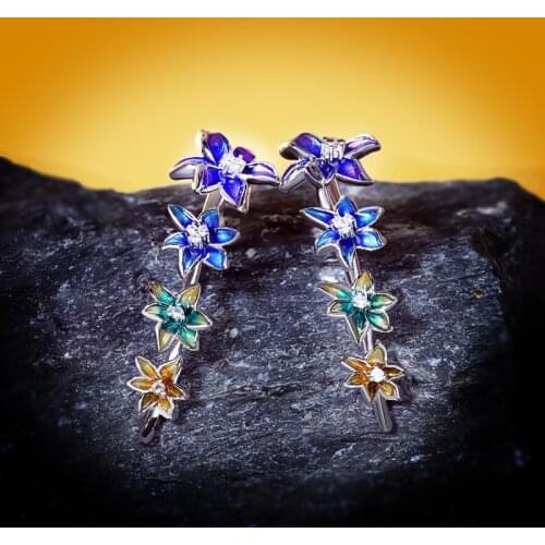 CHARLINLIOL Unique Design Exaggerated Flower Long Earring Elegant Colorful Enamel Ear Stud for Women Real 925 Silver Jewelry