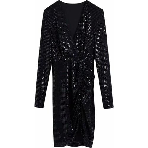 Elegant Women Sequined Dresses 2021 Fashion Ladies Draped V-Neck Mermaid Dress Sexy Female Chic Slim Asymmetric Vestidos