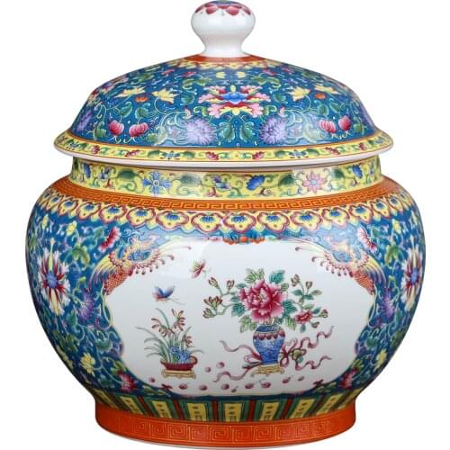 Enamel Pu'er Tea Cake Storage Pot large Jingdezhen Ceramic Sealed Tea Pot Household Seven Seed Cake Storage Pot