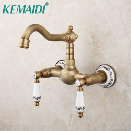 KEMAIDI Antique Brass 360 Swivel Bathroom Faucet Basin Sink Wall Mounted Ceramic Dual Handle Bathtub Faucets Mixer Water Tap