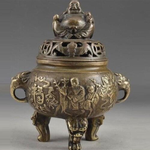 Chinese Brass Vintage Hand Hammered Buddha Exorcist Incense Burner