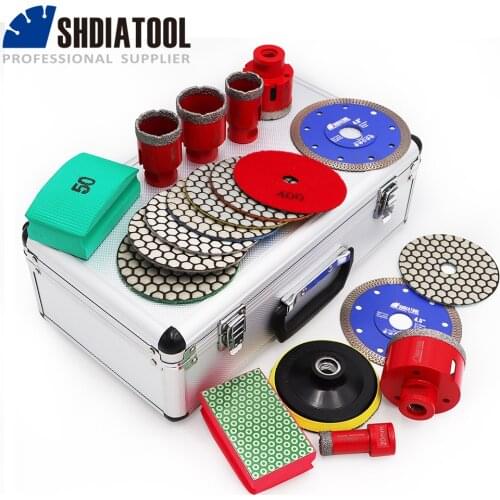 SHDIATOOL Red Diamond Drill Bits M14 Thread 20/35/40/45/50/68mm Vacuum Brazed Diamond And Polishing Pads And Back Pad With Box