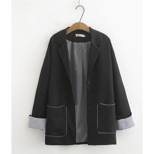 Large Size Fashion Suit Coat Womens Autumn New Mid-Long Suit Collar Single-Breasted Big Pocket Casual Jacket Fat mm Black A825