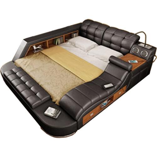 Genuine Leather multifunctional massage bed frame modern Nordic camas ultimate bed With storage LED light Bluetooth speaker safe