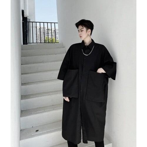 New Mens Black Loose Casual Long Shirt 3/4 Sleeve Square Collar Single Breasted Top Male F8