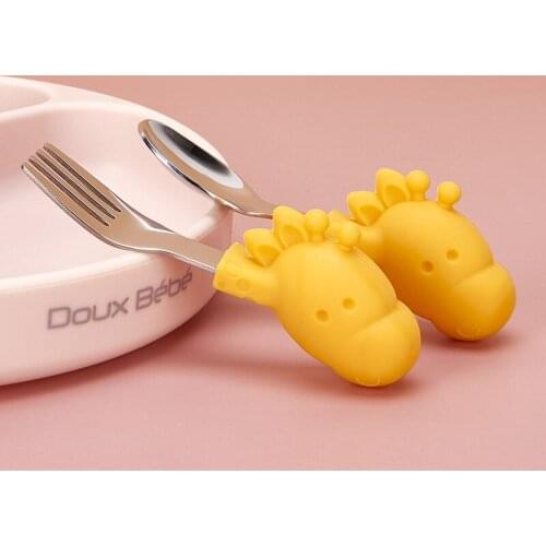 Stainless Steel Spoon Fork Set Cartoon Fawn Baby Stainless Steel Soft Silicone Tableware BPA Free Self Feeding Baby Dinnerware