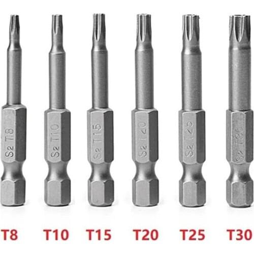 6pcs Torx Screwdriver Bits 50mm 1/4" Hex Shank T8 T10 T15 T20 T25 T30 Plum Blossom Hollow Bit Sets