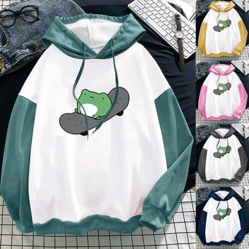 New Womens Cute Fashion Sweatshirt Stitching Casual Plus Velvet Long-sleeve Hooded Sweatshirt Top Loose Warm Sweatshirts 2021