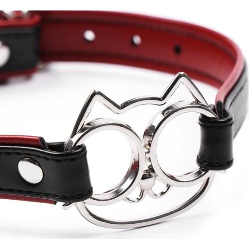 Sex toys collar cosplay Metal cat face woman collar Black and red leather Pin buckle adult leather ring