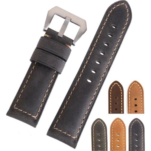 EACHE Vintage Genuine Leather Watch Band Matte Leather Soft Watch Strap Silver&Black Buckle 22/24/26mm Brown Yellow Grey Green