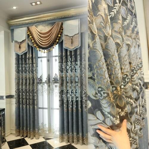 Luxury Chenille Hollow Embroidered Grey Curtains for Living Room Bedroom Shading Window Thick Fabric Valance Finished Custom