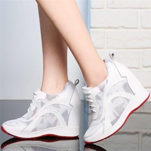 2021 Women Lace Up Genuine Leather Wedges High Heel Ankle Boots Female Breathable Mesh Round Toe Fashion Sneakers Casual Shoes