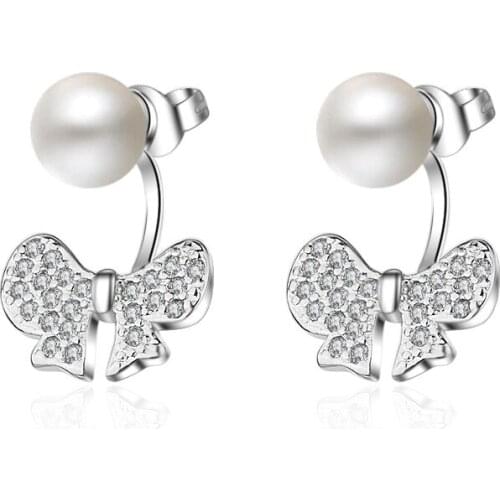 New Fashion Elegant Bowknot Plastic Pearl Crystal 925 Sterling Silver Ladies`Stud Earrings Bohemia Original Jewelry For Women