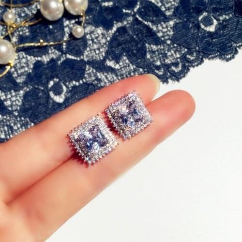 Bling Zircon Stone Square S925 Sterling Silver Color Stud Earrings Korean Earrings for Women Fashion Jewelry 2020 New