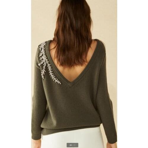 2020 Luxury diamond beading cashmere woolen Sweater female deep V-neck Crystals Beading Knitwear Sweaters Pullover tops wq887