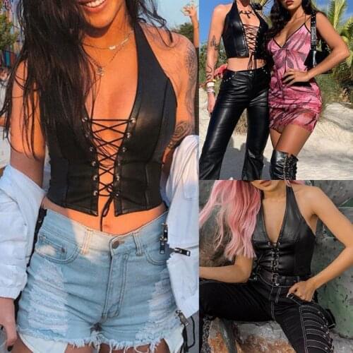 Women Punk Sleeveless Crop Top Sexy Halter V-Neck Backless Hollow Vest Faux Patent Leather Cross Lace-Up Party Clubwear