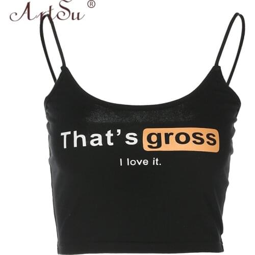ArtSu Sexy Cropped Fashion Women Camisole Letter Print Black Summer Crop Top 2020 New Female Casual Cami Tops Streetwear