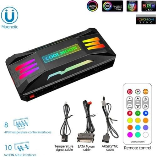 COOLMOON 3 in 1 4Pin PWM Cooling Fan Hub 5V ARGB Speed Temperature Controller For Computer Case Safety Support Water Block Fan