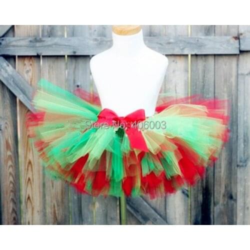 Free Shipping holiday sale handmade christmas tutu skirt girls fluffy christmas petti tutu green with red