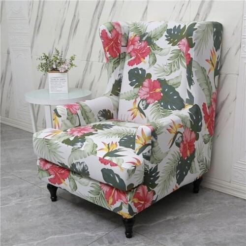 1Set Wingback Chair Cover Spandex Living Room Wing Back Chair Slipcover Green Leaves Elastic Arm Chair Protector Covers 2021