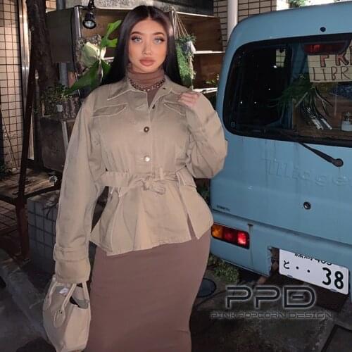 3 Colors Earthy Color Belt Tooling Pocket Decoration Waist Small Loose Twill Denim Jacket