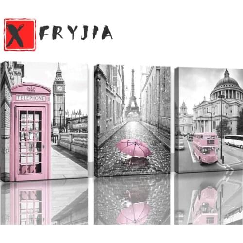 3pcs Pink Theme Bus and Umbrella City Diamond embroidery Diamond Painting Mosaic Triptych 5d Picture Landscape Art Decor Home