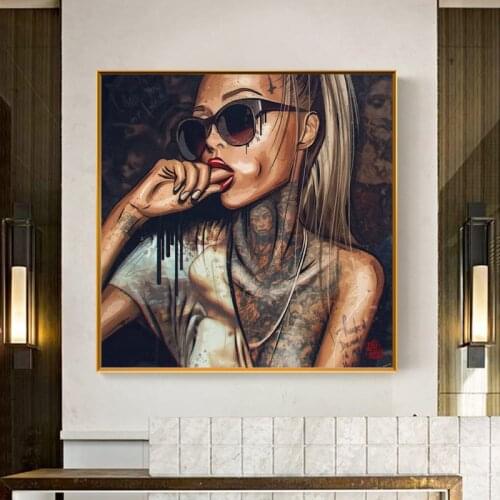 Cool Tattoo Girls Wearing Glasses Wall Posters Canvas Paintings on The Wall Art Cuadros for Living Room Cuadros Cafe Bar Decor