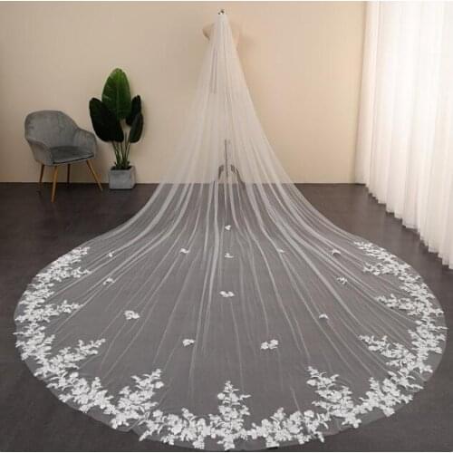 Lace Applique Gorgeous Ivory Wedding Veils with Embroidered Flowers Bridal Veil Long Veil Leaves Floral Lace Applique Royal Leng