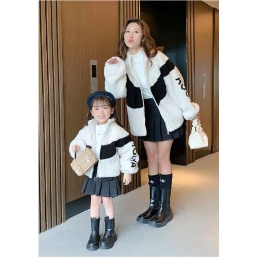 New Korean style winter long-sleeved faux lamb fur hit color baseball jacket outwear for girls and women Mom-daughter clothing