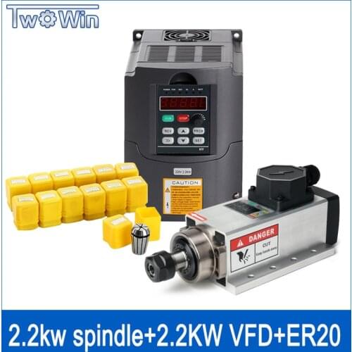 2.2kw Air-cooled Square Spindle Motor Kit 2200w Spindle +2.2kw 220V Inverter + ER20 Collet Air Spindle Motor Engraving Milling