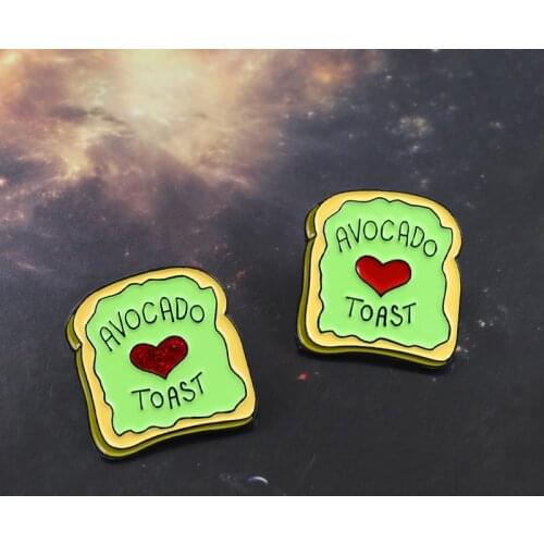 Cartoon cute green bread toast slice brooch Printed with "AVOCADO TOAST" Red shiny heart pattern badge Couple gift